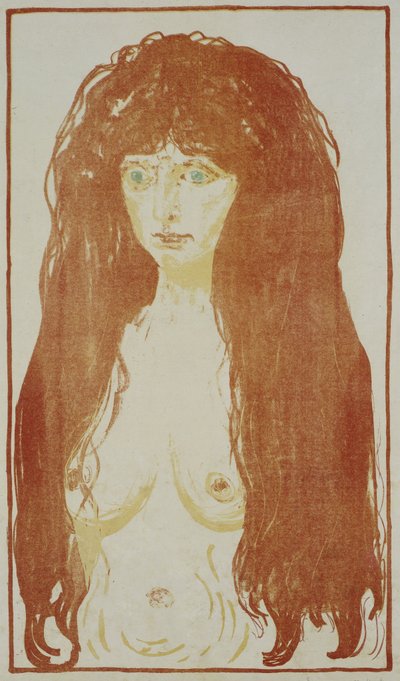 Naken kvinne med rødt hår og grønne øyne stående naken med rødt hår, ca. 1901 av Edvard Munch