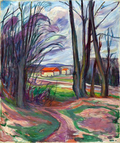 Landskap på Skoyen (Oslo, Norge). Maleri av Edvard Munch (1863-1944), olje på lerret, rundt 1920. Norsk kunst, 1900-tallet, ekspresjonisme. Privat samling. av Edvard Munch