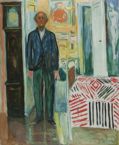 Selvportrett. Mellom klokken og sengen. 1940-42 av Edvard Munch