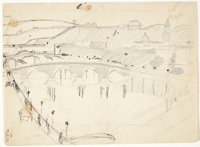 Utsikt fra et vindu ved Lungarno over elven mot Santo Spirito og San Miniato-åsene, Firenze av Edvard Weie