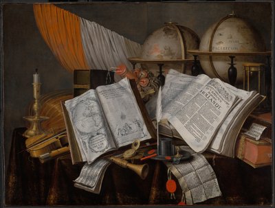 Et Vanitas-stilleben med flagg, lysestake, musikkinstrumenter, bøker, skriveutstyr, jordkloder og timeglass av Edwaert Collier