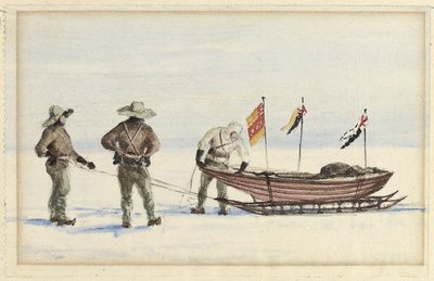 Sledefesten til White Island, februar 1902: Shackleton, Wilson og Ferrar forbereder seg på å legge ut, 1902 av Edward Adrian Wilson