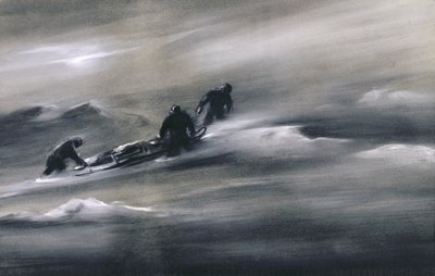 Tre menn med en slede i snøen, 1910-12 av Edward Adrian Wilson