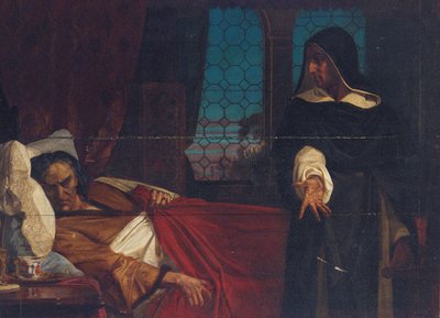 En skikkelse med kappe foran sengen til en fortvilet mann av Edward Armitage