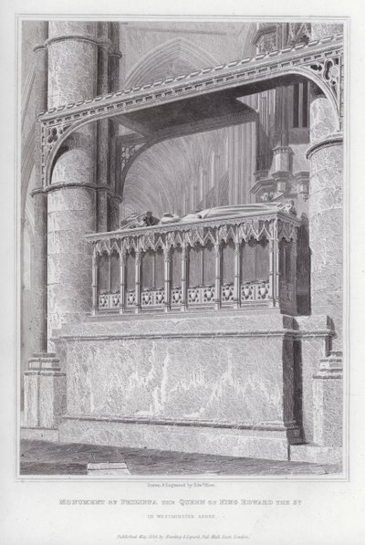 Monument til Philippa, dronningen av kong Edward den 3., i Westminster Abbey (gravering) av Edward Blore