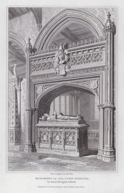 Monument til Sir John Spencer, i Great Brington Church (gravering) av Edward Blore