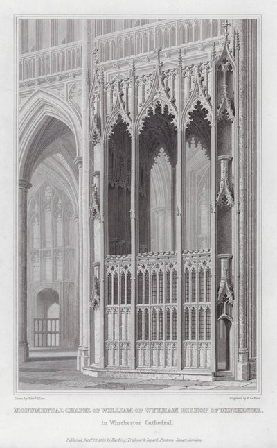 Monumentale kapell av William av Wykham biskop av Winchester, i Winchester Cathedral (gravering) av Edward Blore