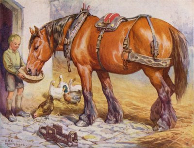 Gutt mater en hest på en gårdsplass (farge litho) av Edward Brice Montefiore