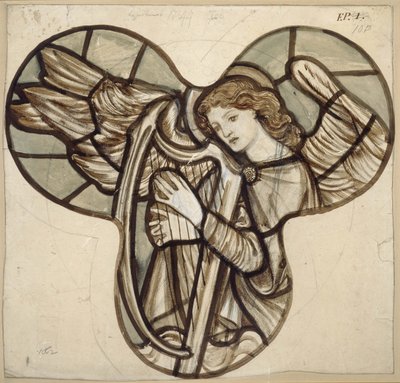 Design for glassmalerier i Lyndhurst Church: An Angel Harpist, 1862 (brun og blå vasker over grafitt) av Edward Burne Jones