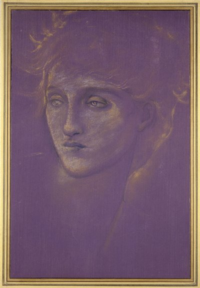 Head of a Woman, 1890-tallet (gullmaling på lilla grunn) av Edward Burne Jones