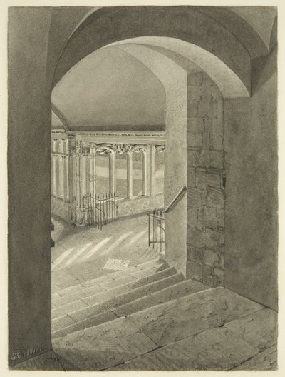 Inngang til Cloisters fra Bristol Cathedral med Edward Birds grav (blyant og akvarell på papir) av Edward Cashin