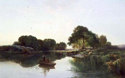Et skogkledd elvelandskap av Edward Charles Williams