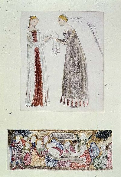 No.1084-f.10 (TtoB) Two Maids, en kopi fra The Birth of Mary av Giovanni da Milano fra Rinuccini-kapellet, Firenze; The Lamentation (akvarell, blyant) av Edward Coley Burne Jones