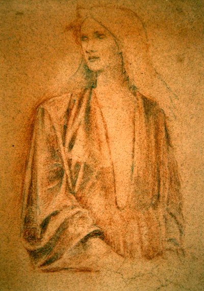 Portrait of a girl - Study for Arthur in Avalon, ca. 1890 (sangvinsk kritt og blyant på rødt papir) av Edward Coley Burne Jones
