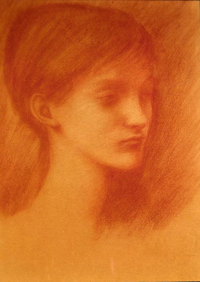 Rødt hode / portrett av en jente (kritt på papir) av Edward Coley Burne Jones