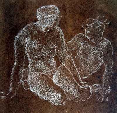 Studie av to sittende kvinnelige nakenbilder (hvitt kritt på papir) av Edward Coley Burne Jones