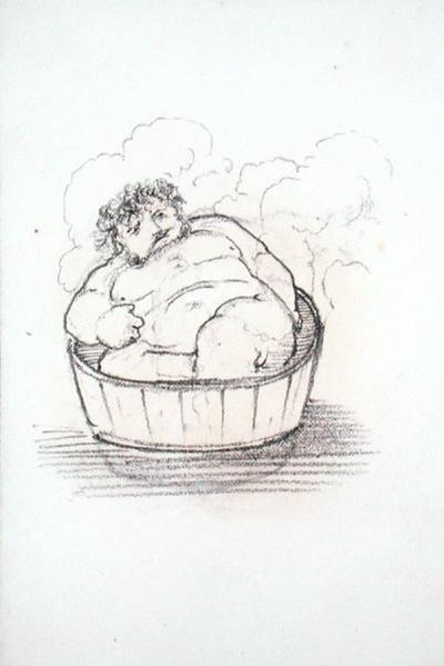 William Morris (1834-96) i et badekar, fra et album med tegninger (blyant på papir) av Edward Coley Burne Jones