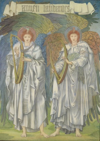 Angeli Laudantes, ca. 1887 (design for et vindu i Salisbury Cathedral, også for billedvev) (farget kritt på papir) av Edward Burne Jones