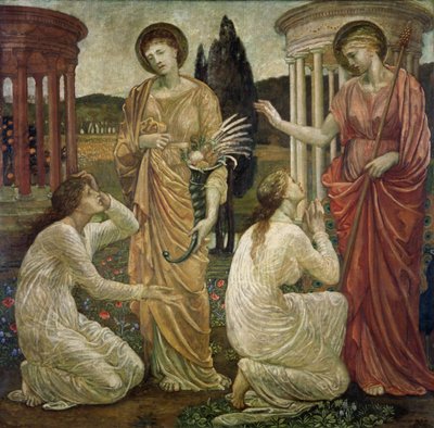 Cupid og Psyche - Palace Green veggmalerier - Psyche at the Shrines of Juno and Ceres, 1881 av Edward Burne Jones