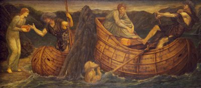 Amor og psyke - Palace Green veggmalerier - Psyche gir mynten til Ferryman of the Styx, 1881 av Edward Burne Jones