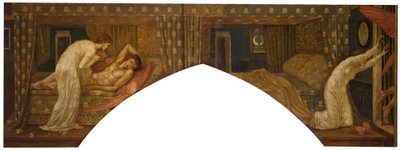 Amor og psyke - Palace Green veggmalerier - Psyche holder lampen blikket på ansiktet til sovende Cupid og Psyche forlatt, 1881 av Edward Burne Jones