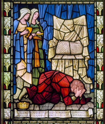 Kong David gråt og ber for livet til sitt syke barn, og aksepterte deretter med styrke barnets død, ca. 1896 (glassmaleri) av Edward Burne Jones