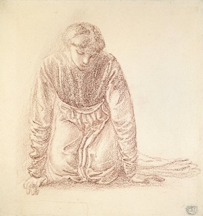 Knelende figur av en kvinne (mørkerødt kritt på hvitt papir) av Edward Burne Jones