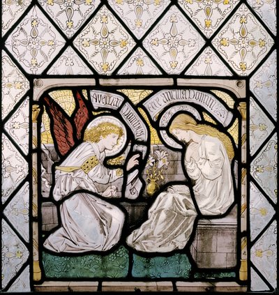Bebudelsen, detalj fra østvinduet, 1865 (farget glass) av Edward Burne Jones