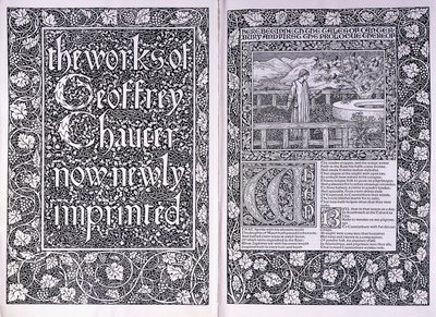Tittelside og åpningsside fra Kelmscott Press-utgaven av "The Works of Geoffrey Chaucer", 1896 av Edward Burne Jones