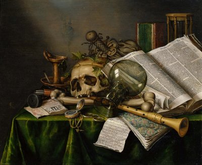 Vanitas. Stilleben med bøker, manuskripter og en hodeskalle av Edward Collier