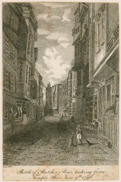Skisse av Butcher Row, sett fra Temple Bar, 9. juni 1796 av Edward Dayes