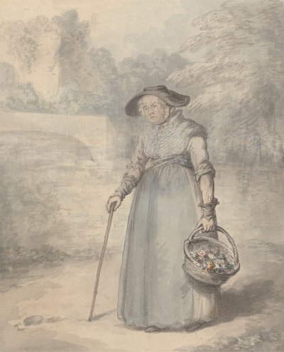 Gammel dame med kurv med blomster av Edward Edwards