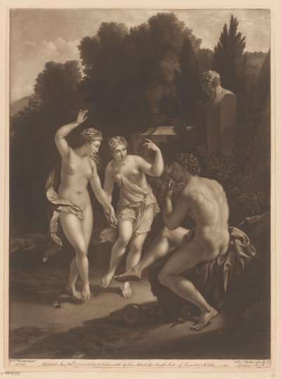 Mann som spiller fløyte foran to dansende nymfer av Edward Fisher