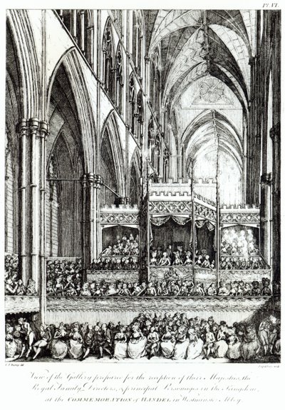 Utsikt over galleriet forberedt for mottakelsen av deres majesteter, kongefamilien, direktører og hovedpersonligheter i kongeriket ved markeringen av Handel i Westminster Abbey, gravert av Joh av Edward Francis Burney