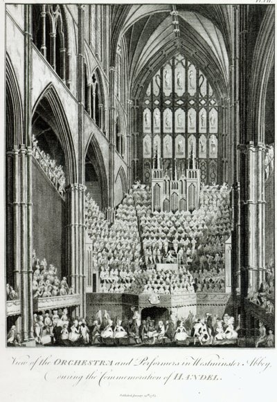 Utsikt over orkesteret og utøverne i Westminster Abbey, under Commemoration of Handel, utgitt av Charles Burney, 1785 av Edward Francis Burney