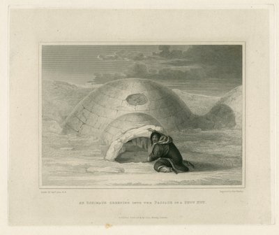 En Eskimaux som kryper inn i passasjen til en snøhytte av Edward Francis Finden