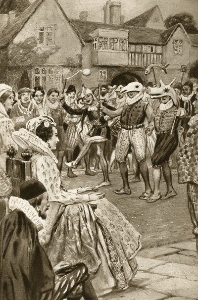 Dronning Ellizabeth I blir underholdt av narrer (litho) av Edward Frederick Skinner