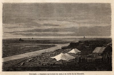 Port Said-verft, på kanten av Suez-kanalen, ved utgangen fra Lake Menzaleh, tegnet av Grenet, for å illustrere en utflukt til Suez-kanalen, i 1862, av Paul Merruau. Gravering i "" Le tour du monde"", redigert av Edouard Charton av Edward Grenet