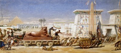 Det gamle Egypt: Transporten av en løvestatue til tempelet Slaver som trekker vognen av Edward John Poynter