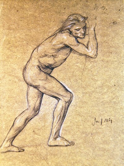Studie av en mannlig naken for The Prodigals Return, 1869 (kritt på papir) av Edward John Poynter