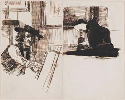 Whistler-tegning Poynter, bakfra av en mann som sitter ved et bord nær en tent lampe, 1860. av Edward John Poynter
