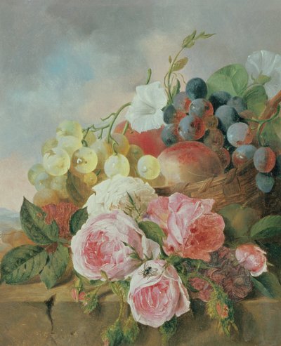Stilleben av frukt og roser på en avsats av Edward Ladell