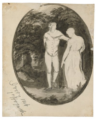 Et par i et skogslandskap satt i en oval (verso), ca. 1838-1848 (blekk og vask på lagt papir) av Edward Lear