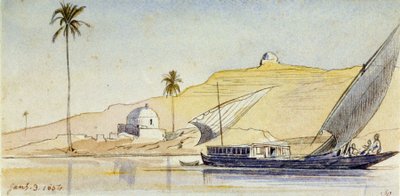 En stor egyptisk fellucca ved Nilen (Egypt), foran de bratte breddene, med et palmetre og to hvite marabouter, som fremhever ørkenaspektet i landskapet. av Edward Lear
