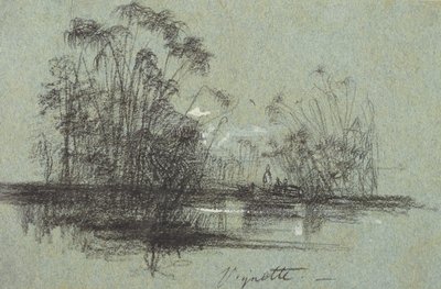 Papyrus on the Anapus, fra Views of Sicilia (svart kritt og kroppsfarge på blått papir) av Edward Lear