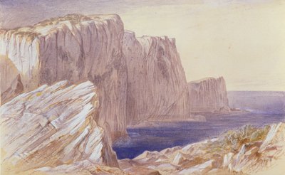 Sapphos Leap (Leucatas) Lefkas (wc over blyant forhøyet med hvitt på papir) av Edward Lear