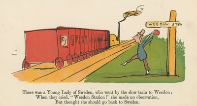 Det var en ung dame av Sverige, som gikk med det sakte toget til Weedon, fra 