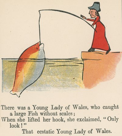 Det var en ung dame fra Wales, som fanget en stor fisk uten skjell, fra 