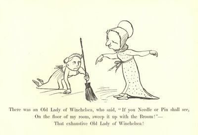 Det var en gammel dame fra Winchelsea, som sa: Hvis du nål eller nål skal se, På gulvet på rommet mitt, fei det opp med kosten! av Edward Lear