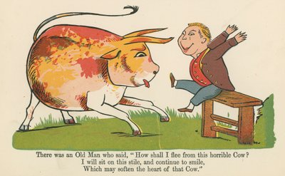 Det var en gammel mann som sa: "Hvordan skal jeg flykte fra denne grufulle kua", fra "A Book of Nonsense", utgitt av Frederick Warne og Co., London, ca. 1875 av Edward Lear
